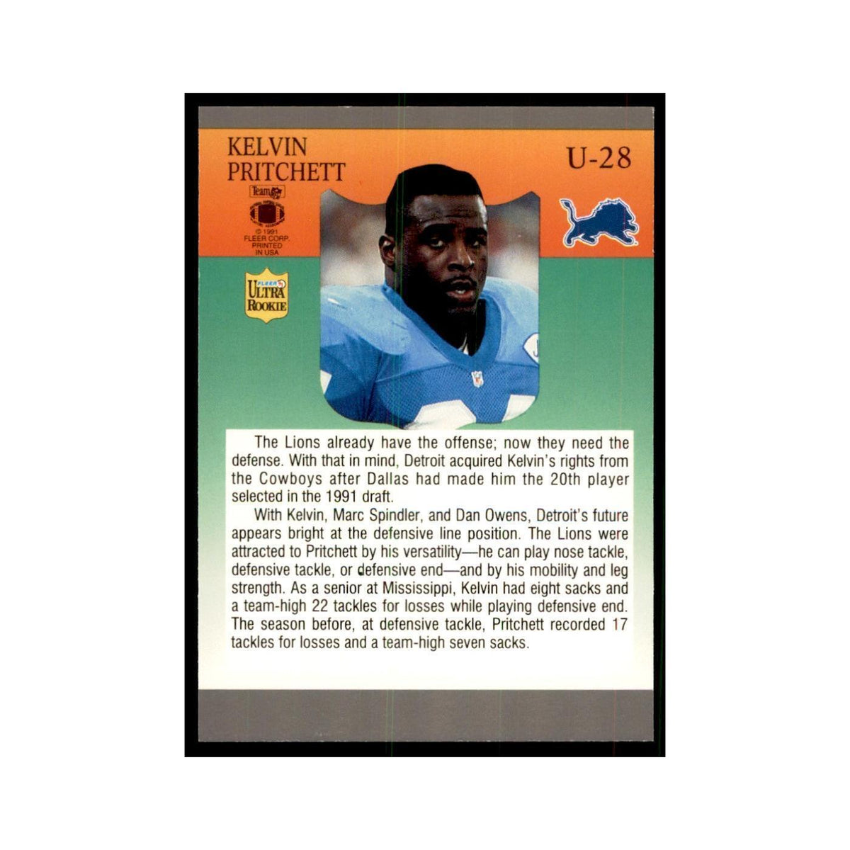 1991 Fleer Update Kelvin Pritchett RC Football Cards #U-28