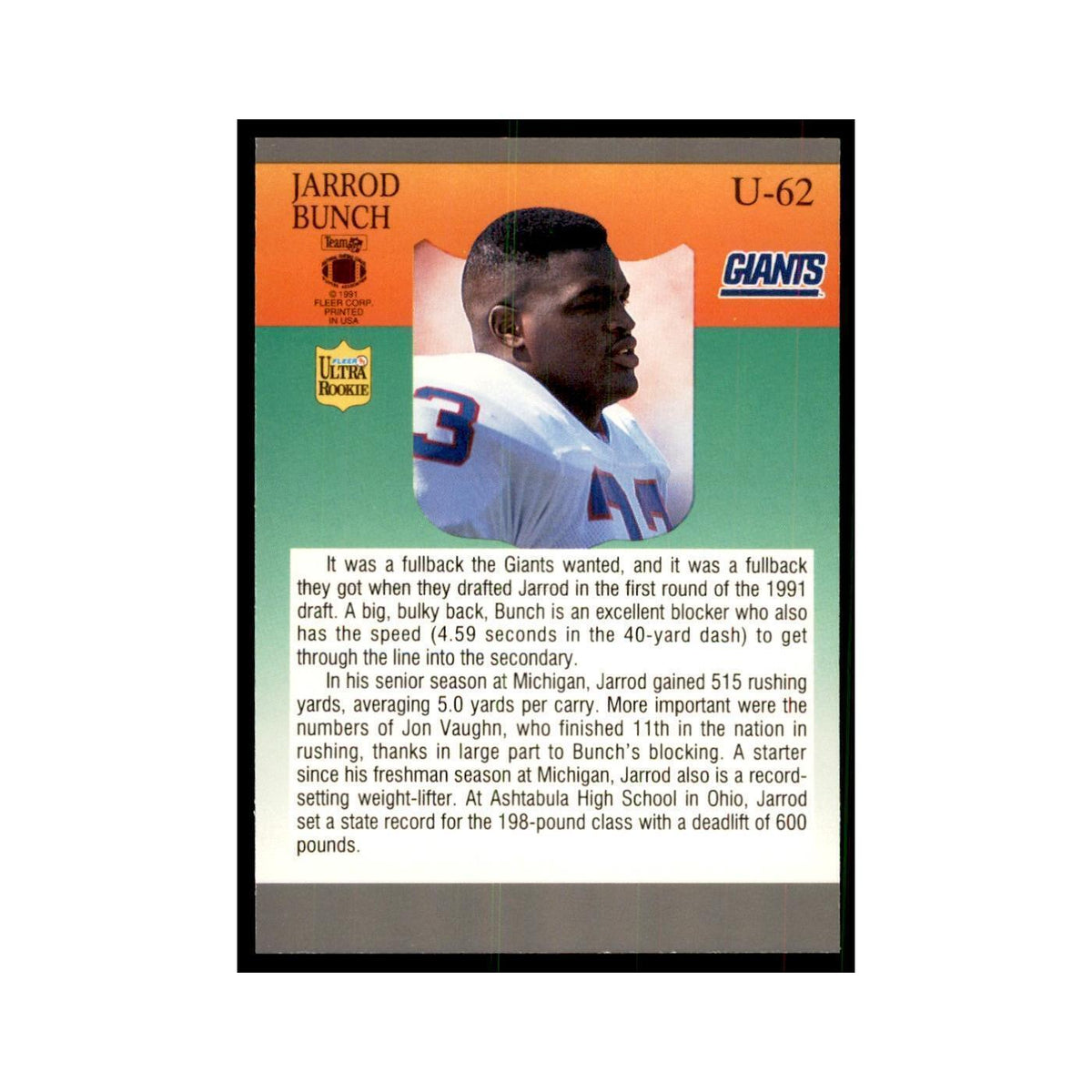 1991 Fleer Update Jarrod Bunch RC Football Cards #U-62