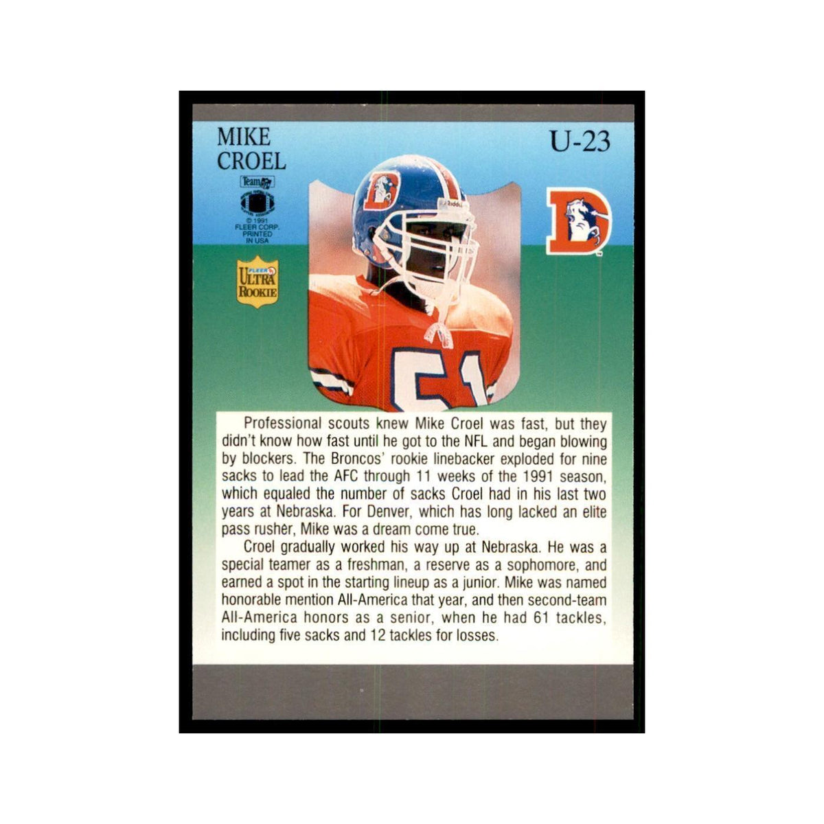 1991 Fleer Update Mike Croel RC Football Cards #U-23