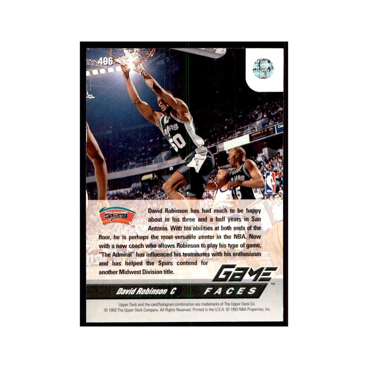 1992 Upper Deck David Robinson Basketball Cards #496