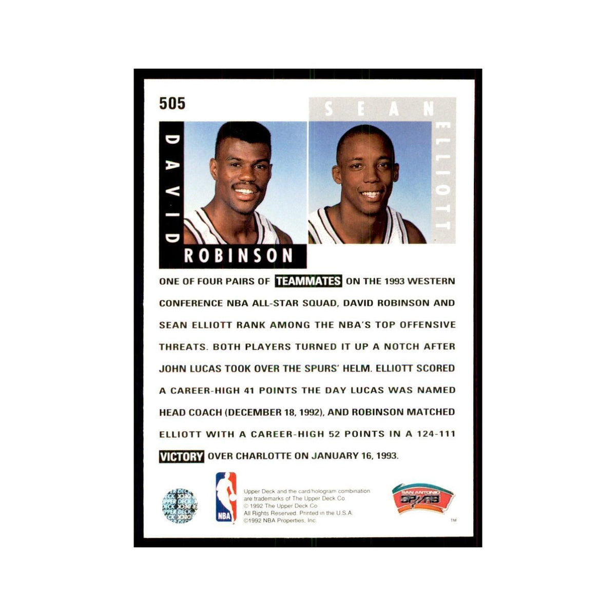 1992 Upper Deck David Robinson/Sean Elliott Basketball Cards #505