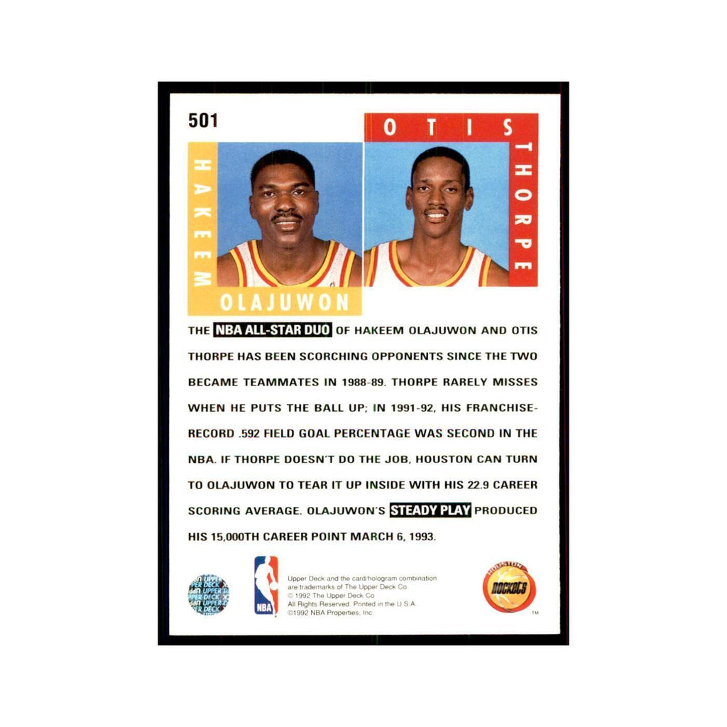 1992 Upper Deck Hakeem Olajuwon/Otis Thorpe Basketball Cards #501