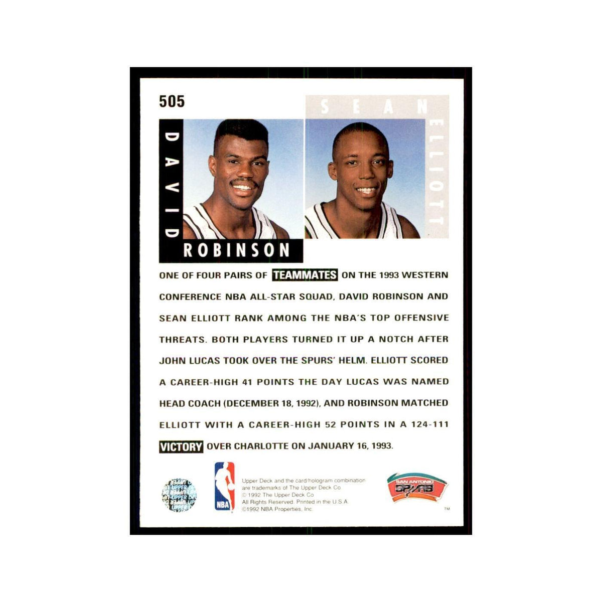 1992 Upper Deck David Robinson/Sean Elliott Basketball Cards #505