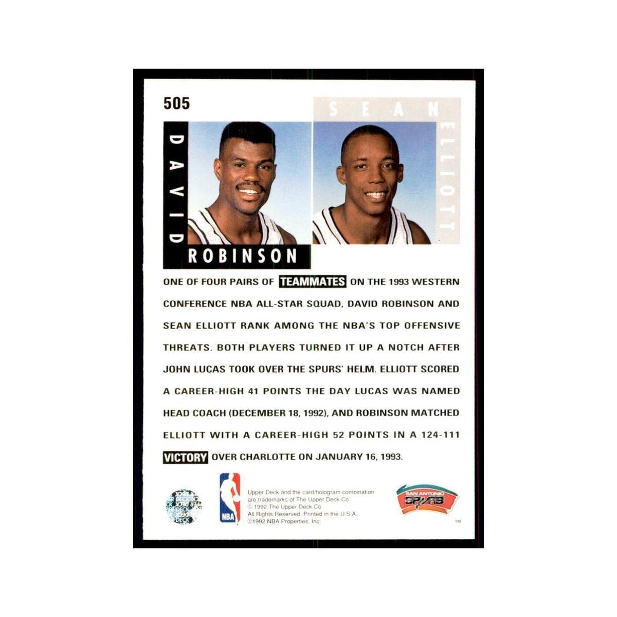 1992 Upper Deck David Robinson/Sean Elliott Basketball Cards #505