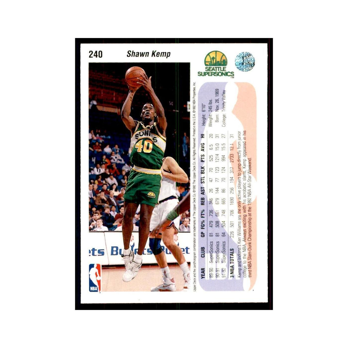 1992 Upper Deck Shawn Kemp Basketball Cards #240