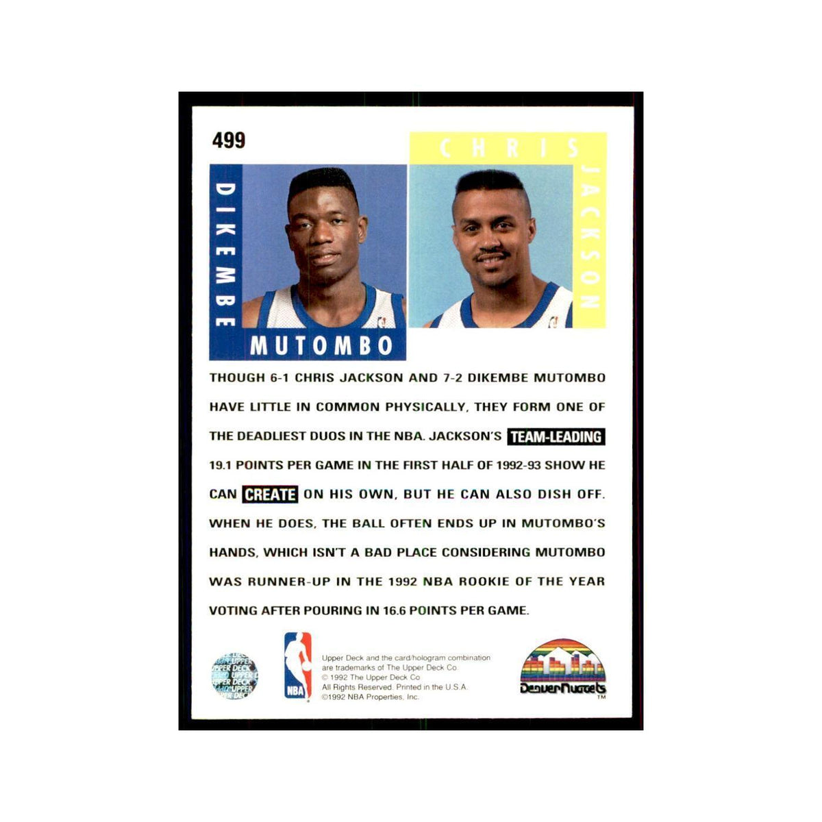 1992 Upper Deck Dikembe Mutombo/Chris Jackson Basketball Cards #499