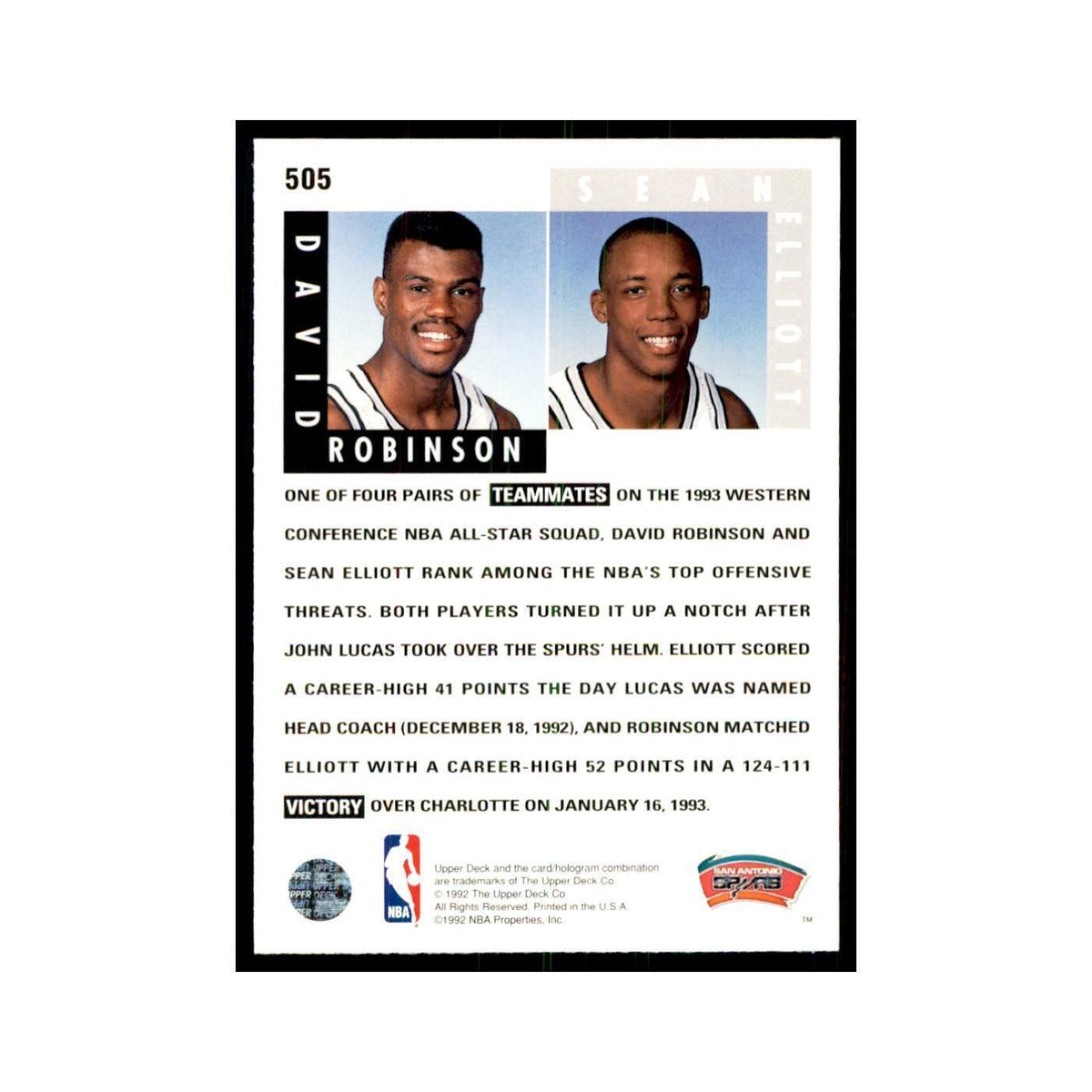 1992 Upper Deck David Robinson/Sean Elliott Basketball Cards #505