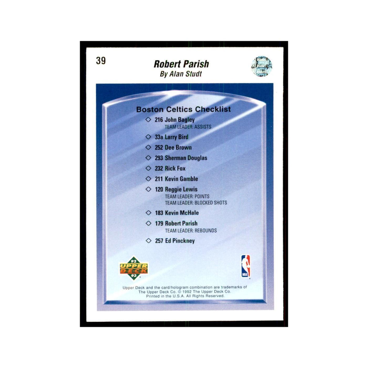 1992 Upper Deck Robert Parish Basketball Cards #39