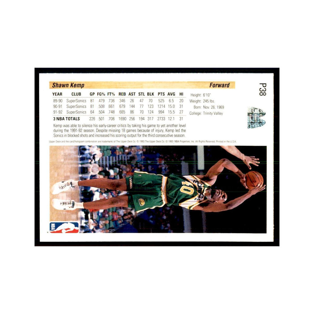 1992 Upper Deck Shawn Kemp Basketball Cards #P38