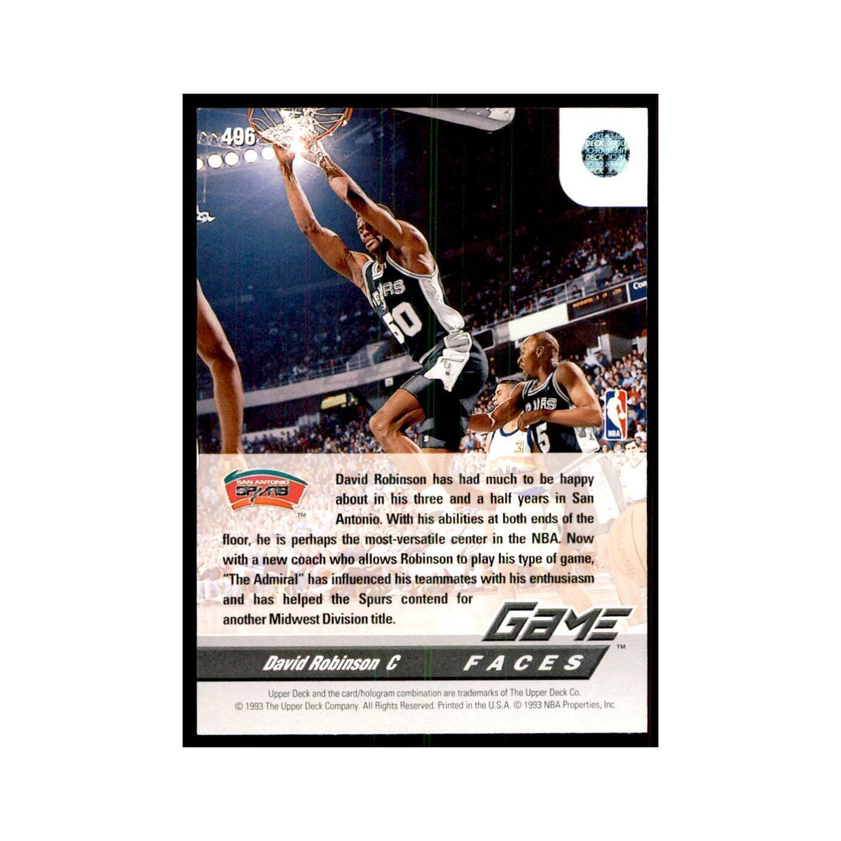 1992 Upper Deck David Robinson Basketball Cards #496
