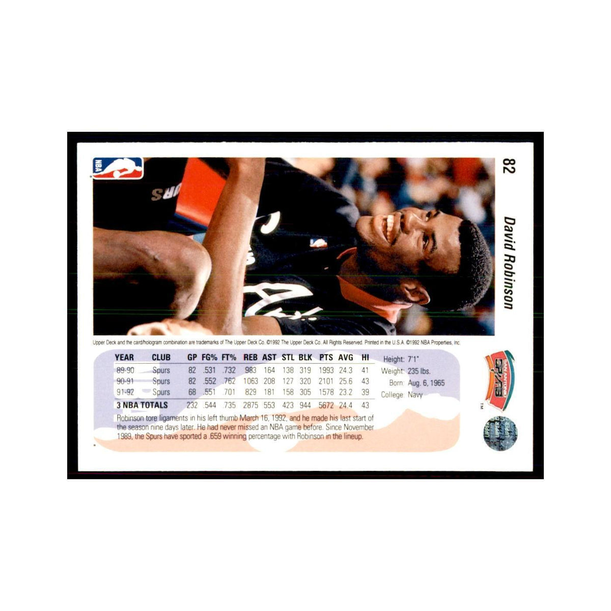 1992 Upper Deck David Robinson Basketball Cards #82