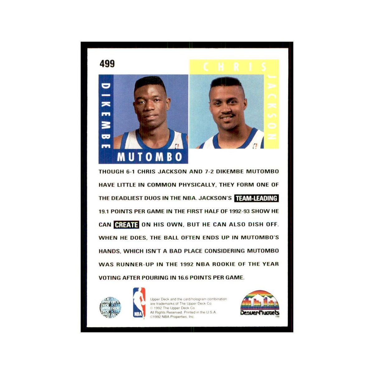 1992 Upper Deck Dikembe Mutombo/Chris Jackson Basketball Cards #499