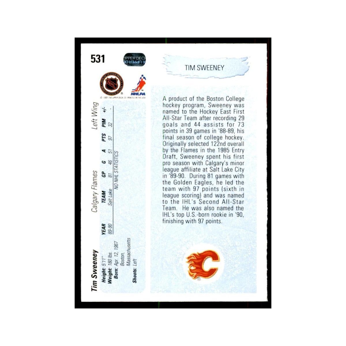 1990 Upper Deck Tim Sweeney Hockey Cards #531