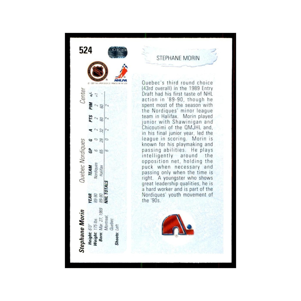 1990 Upper Deck Stephane Morin Hockey Cards #524