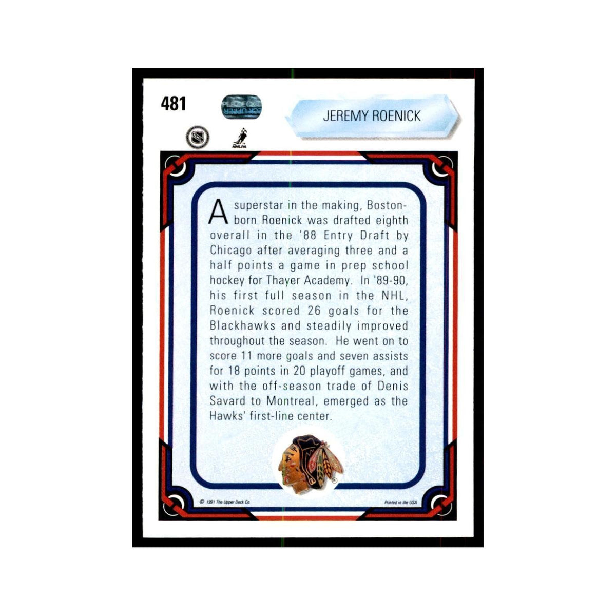 1990 Upper Deck Jeremy Roenick Hockey Cards #481