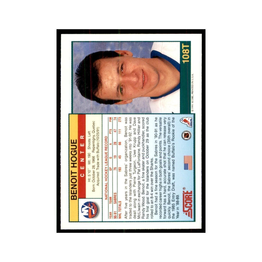 1991 Score Rookie and Traded Benoit Hogue New York Islanders #108T