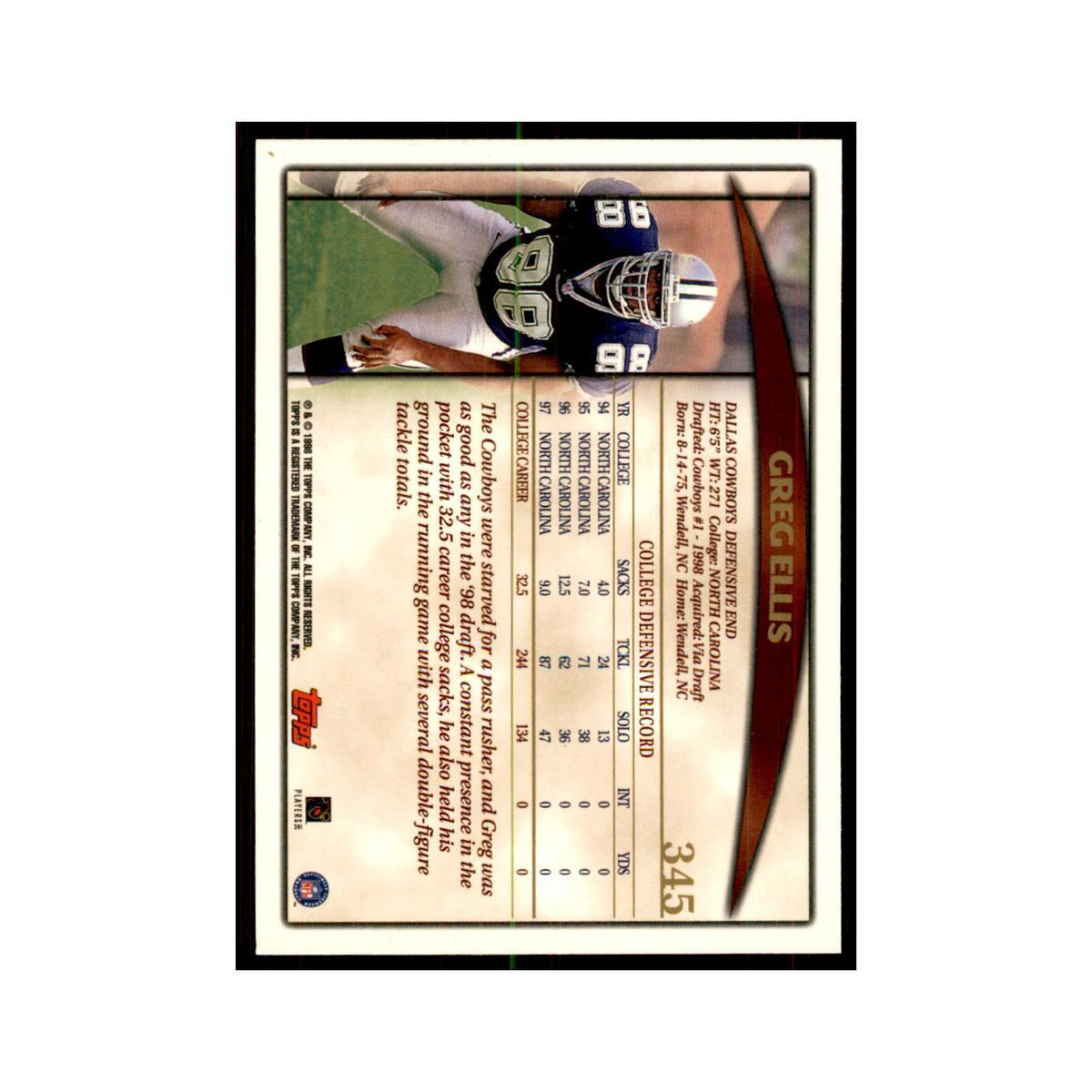 1998 Topps Greg Ellis RC Cowboys #345