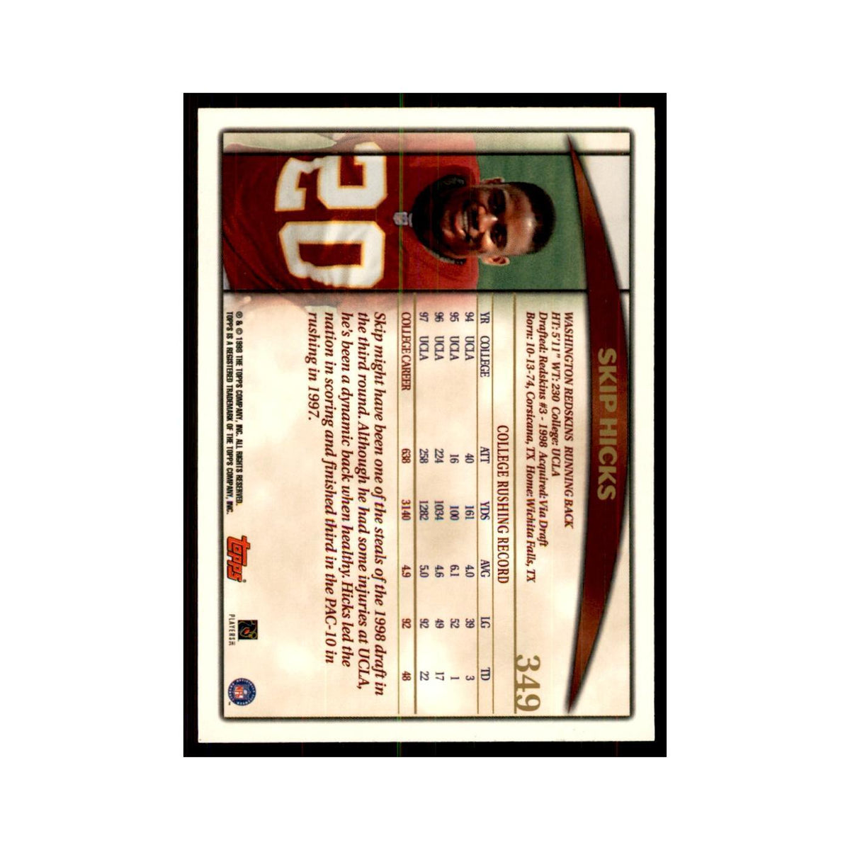 1998 Topps Skip Hicks RC Redskins #349