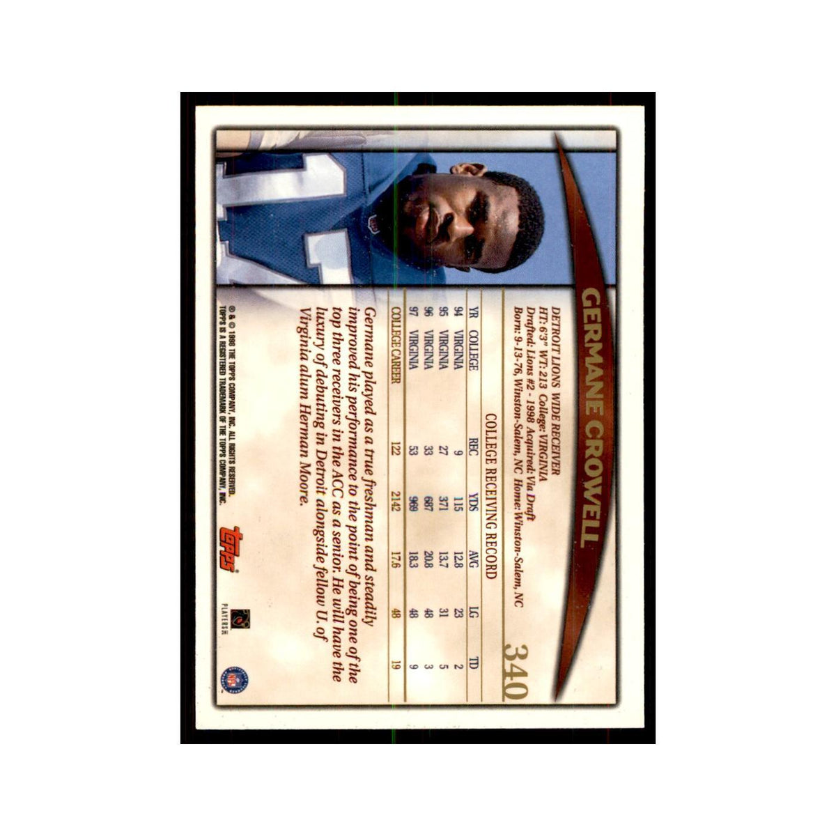 1998 Topps Germane Crowell RC Lions #10