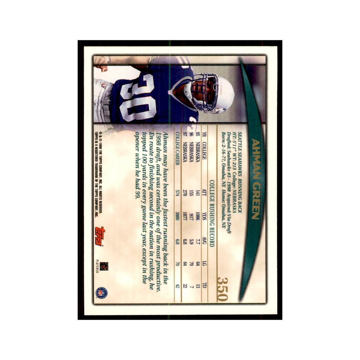 1998 Topps Ahman Green RC Seahawks #350