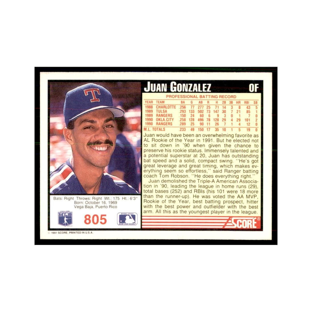 1991 Score Juan Gonzalez Baseball Cards #805