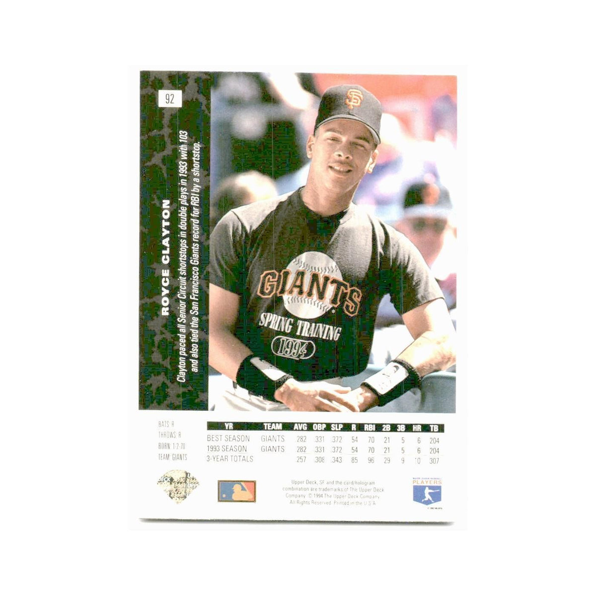 Royce Clayton 1994 SP #92 San Francisco Giants Baseball Card NM