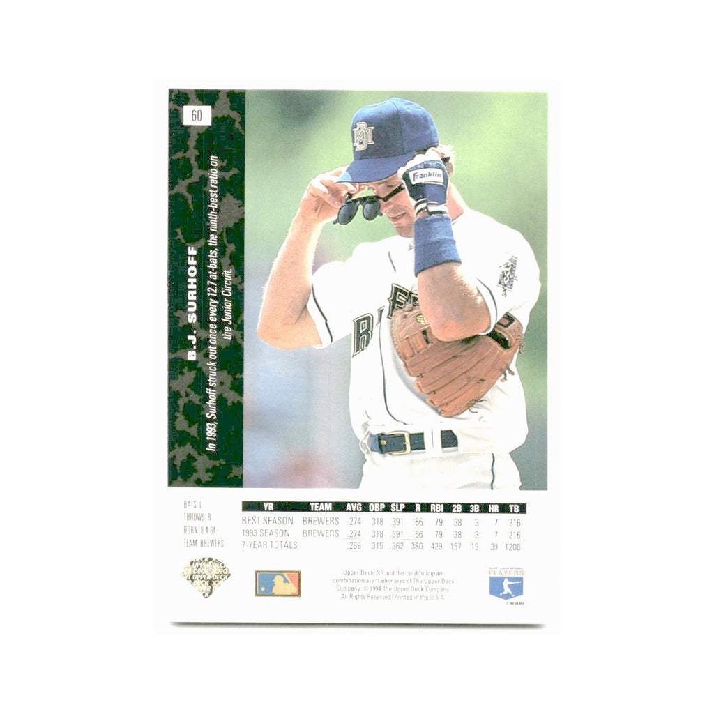B.J. Surhoff 1994 SP #60 Milwaukee Brewers Baseball Card NM