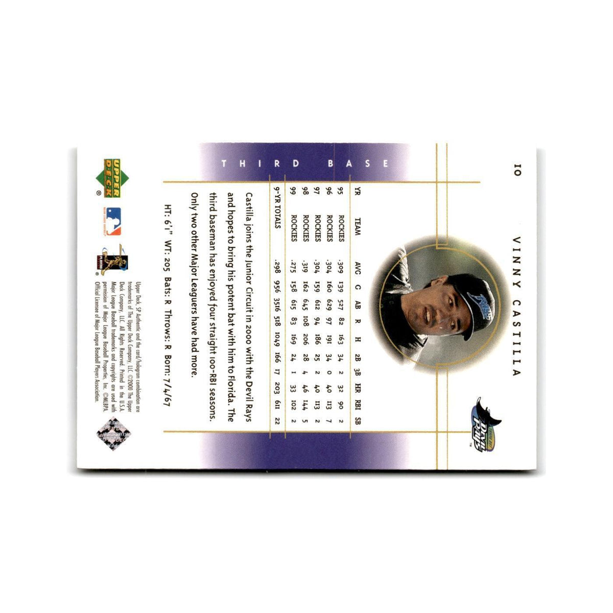 2000 SP Authentic Vinny Castilla Rays #10