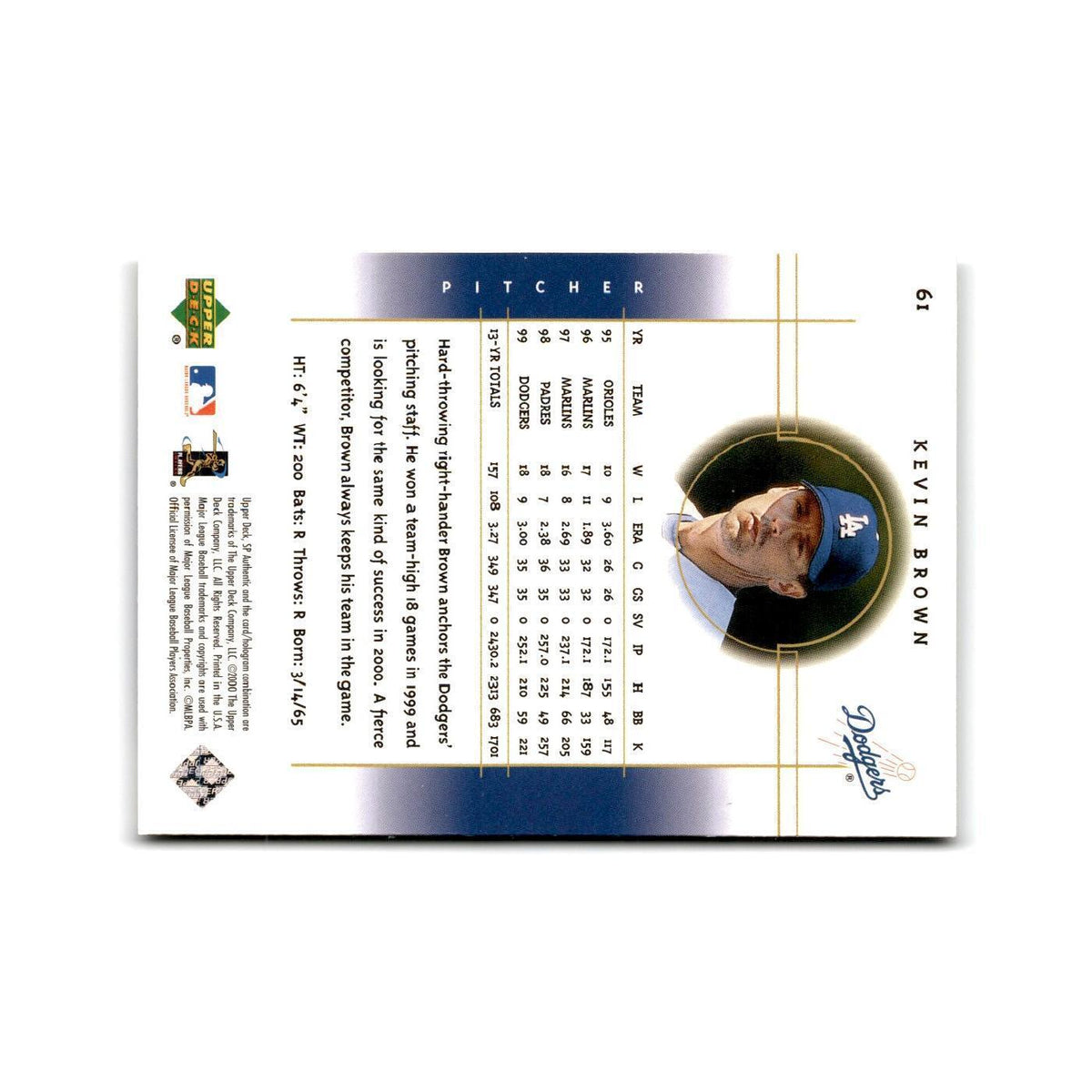2000 SP Authentic Kevin Brown Dodgers #61