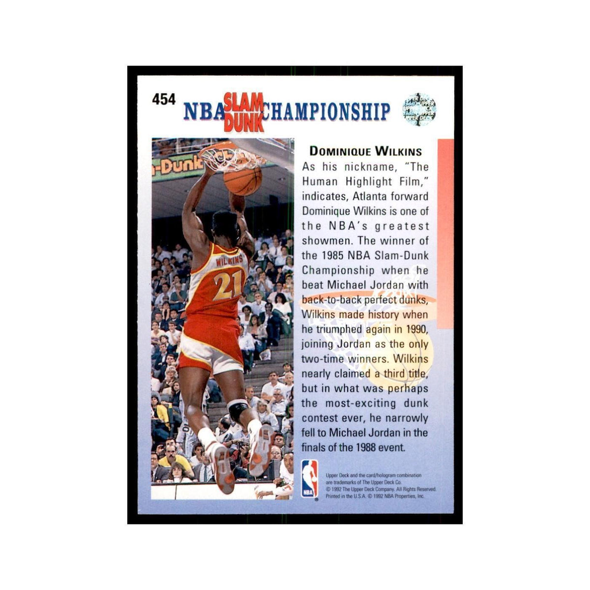 1992 Upper Deck Dominique Wilkins Basketball Cards #454