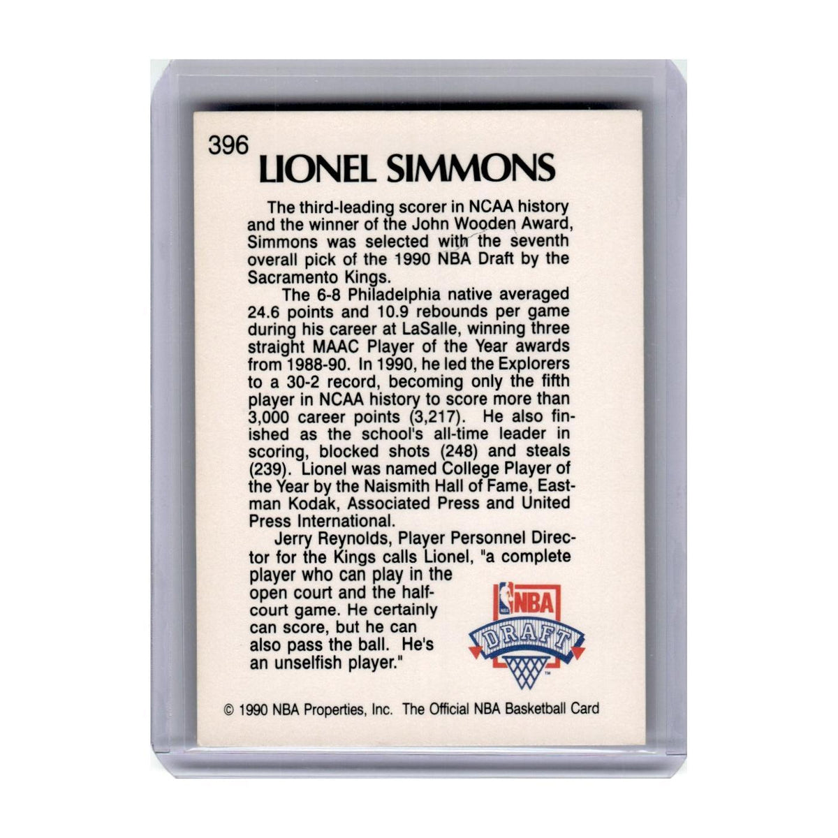 1990 Hoops Lionel Simmons RC Kings #396