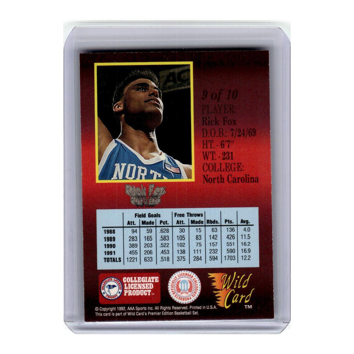 1991 Wild Card Red Hot Rookies Rick Fox North Carolina Tar Heels #9