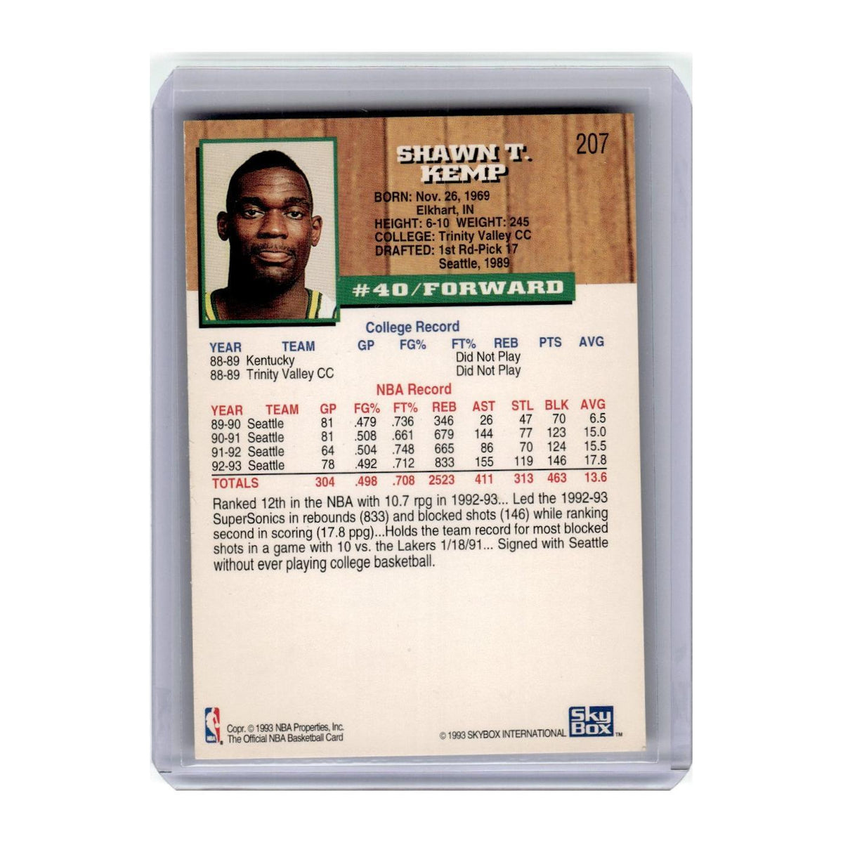 1993 Hoops Shawn Kemp Seattle SuperSonics #207