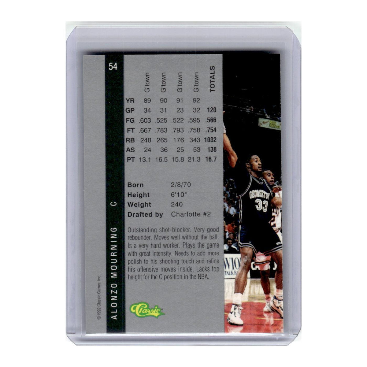 1992 Classic Draft Alonzo Mourning #54