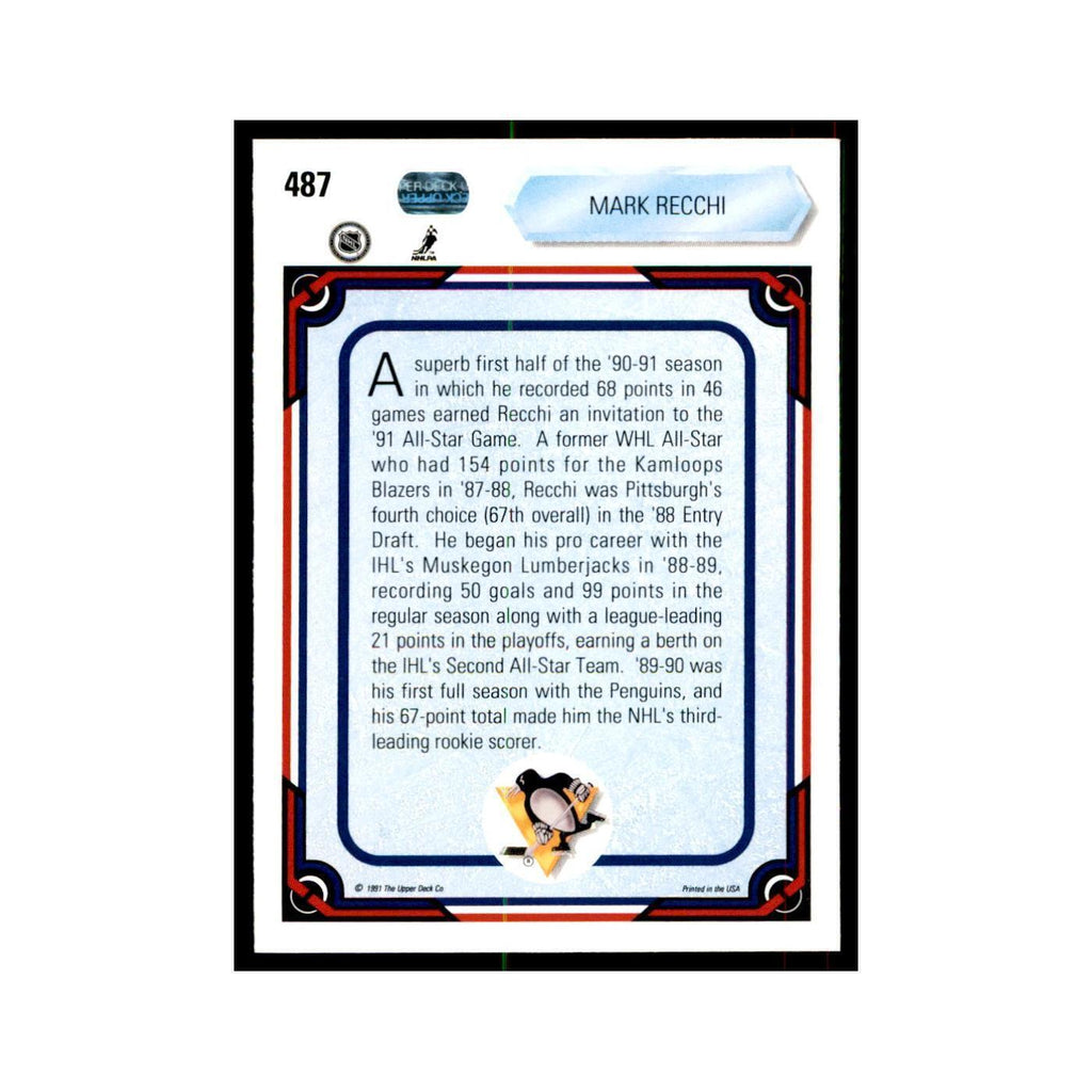 1990 Upper Deck Mark Recchi Hockey Cards #487