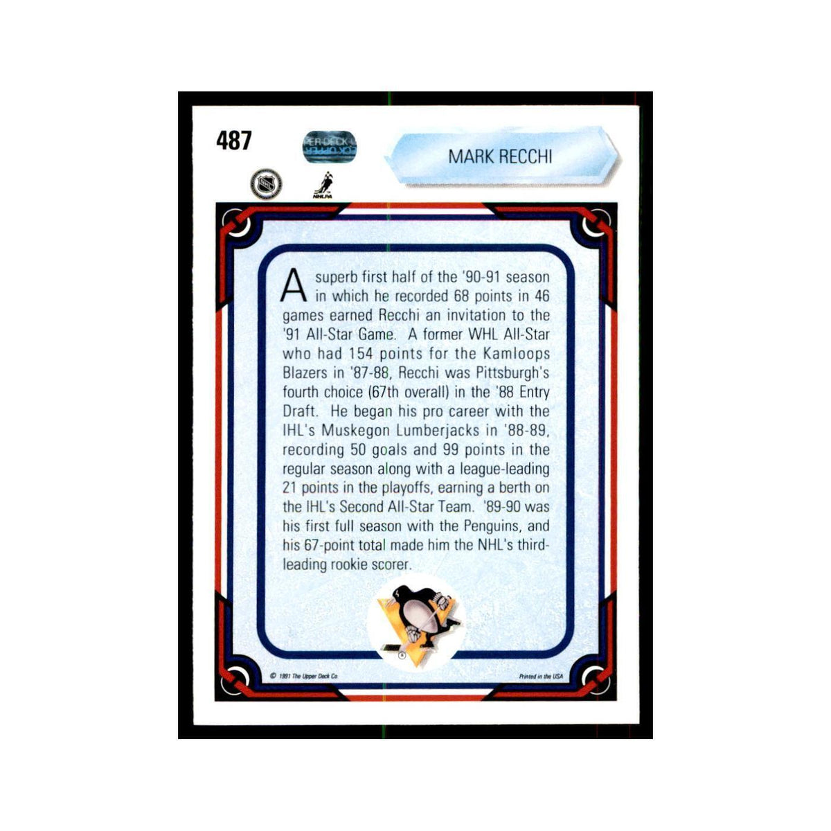1990 Upper Deck Mark Recchi Hockey Cards #487