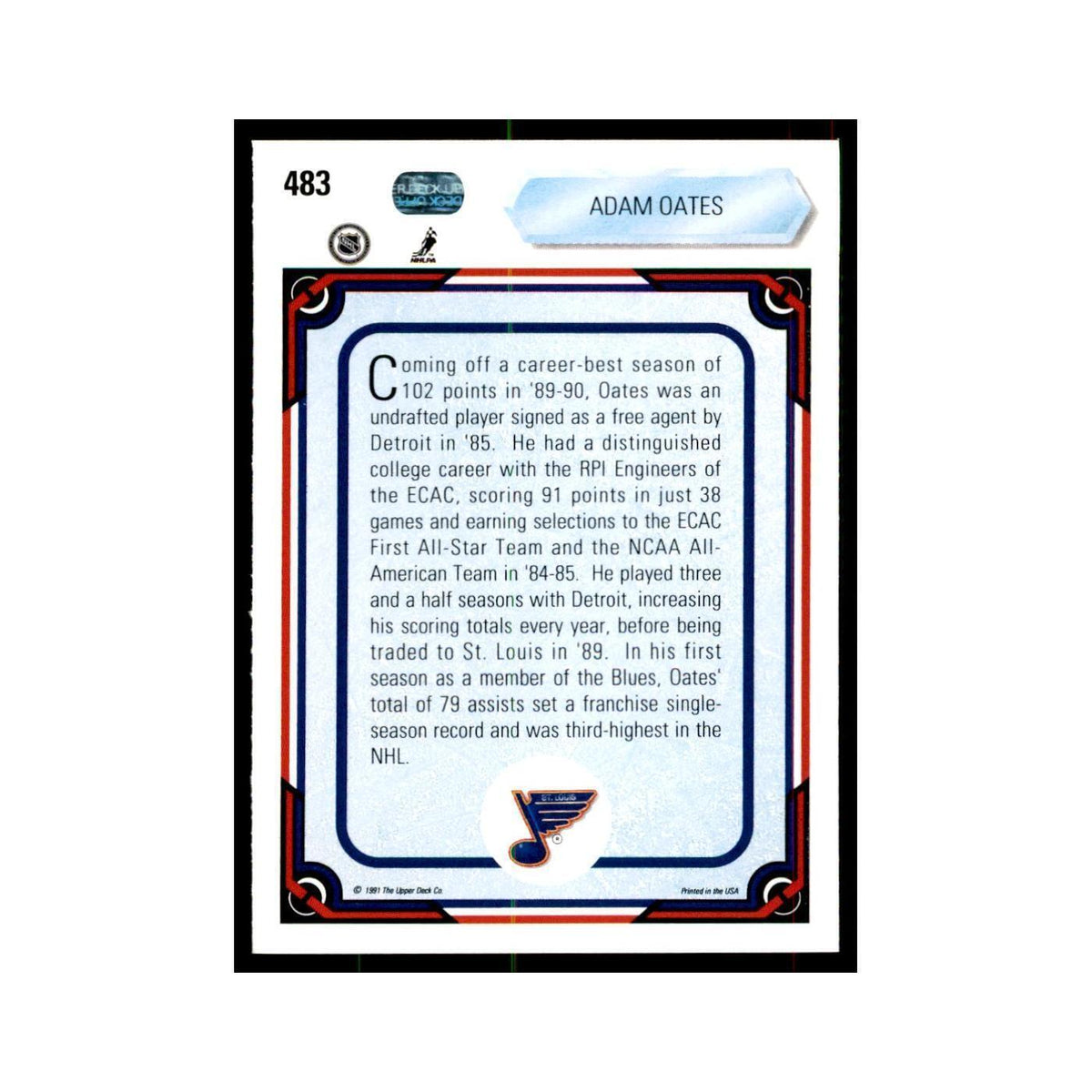 1990 Upper Deck Adam Oates Hockey Cards #483