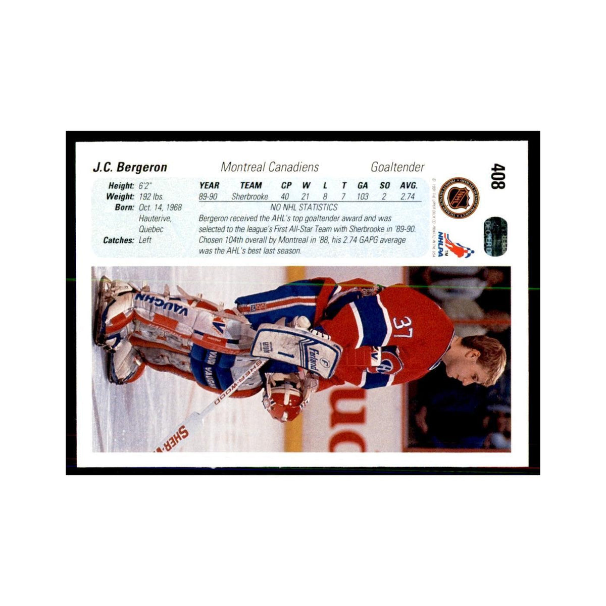1990 Upper Deck J. C. Bergeron Hockey Cards #408