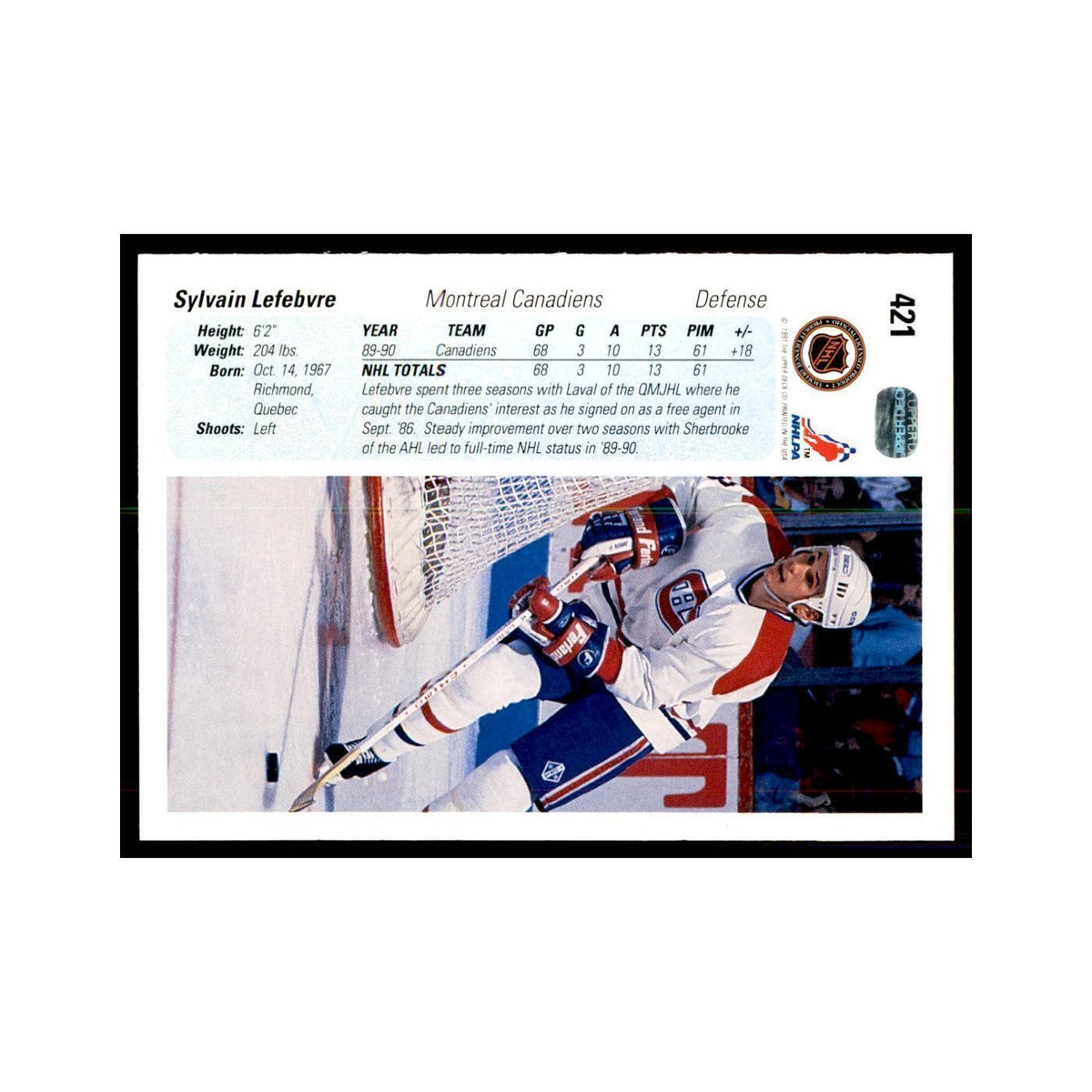 1990 Upper Deck Sylvain Lefebvre Hockey Cards #421