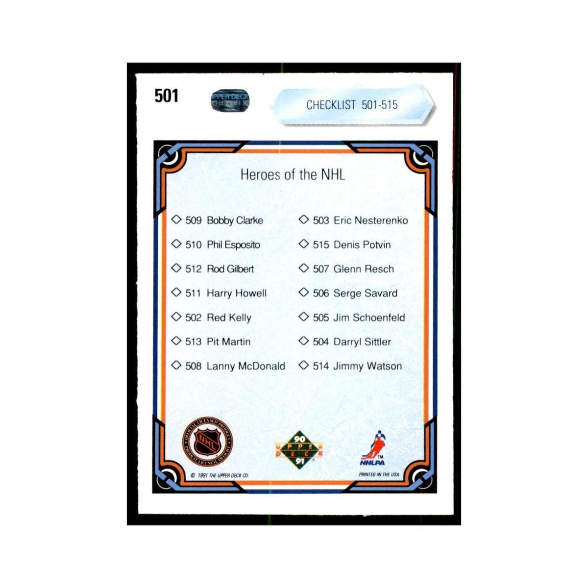 1990 Upper Deck Checklist 501-515 Hockey Cards #501