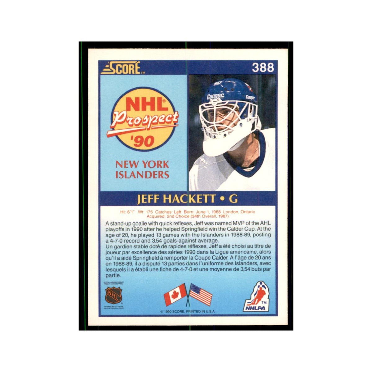 1990 Score Canadian Jeff Hackett Hockey Cards #388