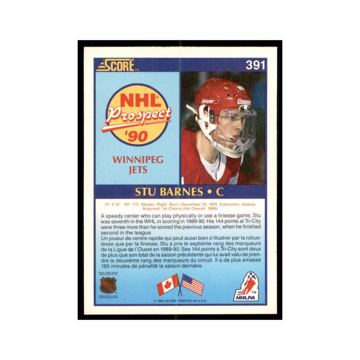 1990 Score Canadian Stu Barnes Hockey Cards #391