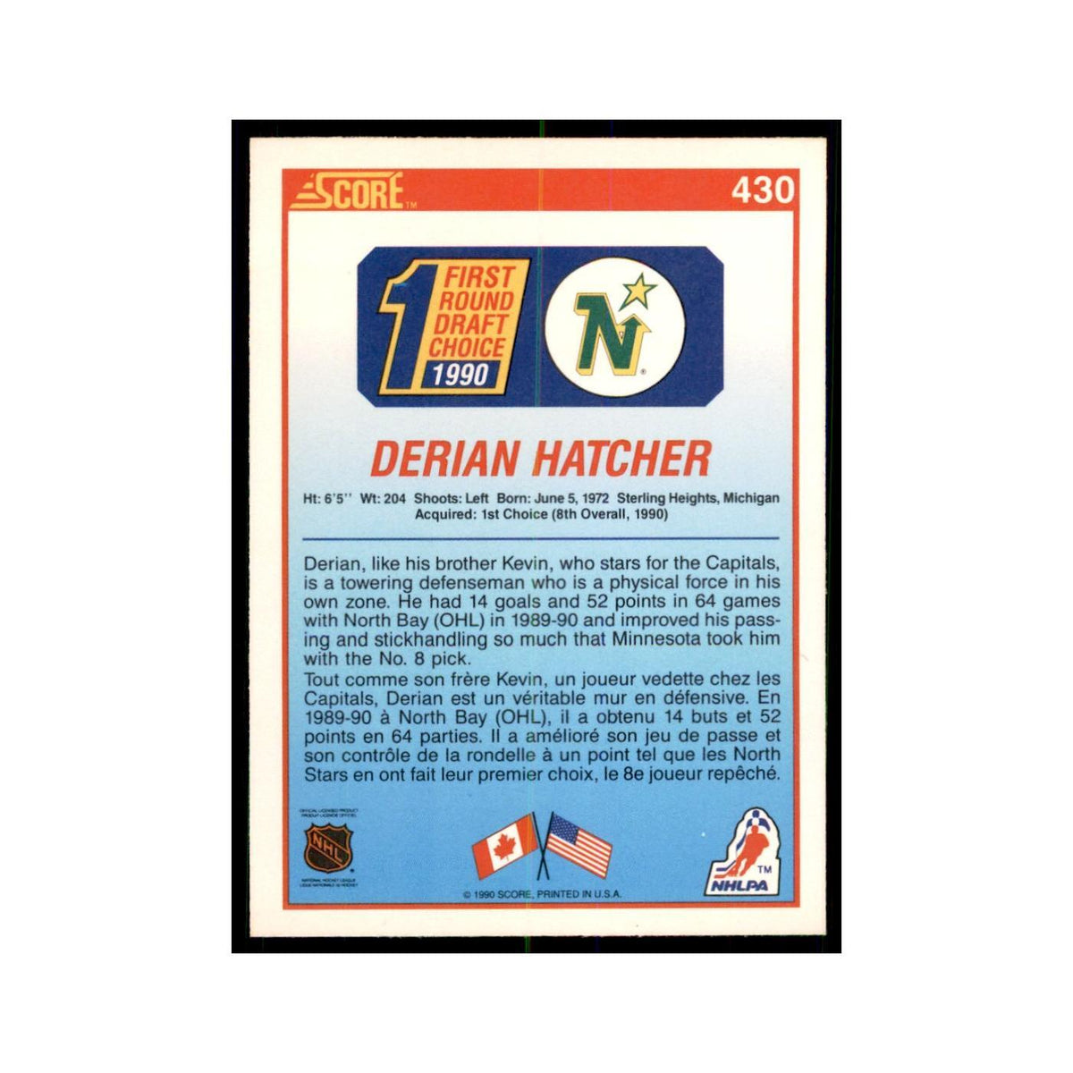 1990 Score Canadian Derian Hatcher Hockey Cards #430