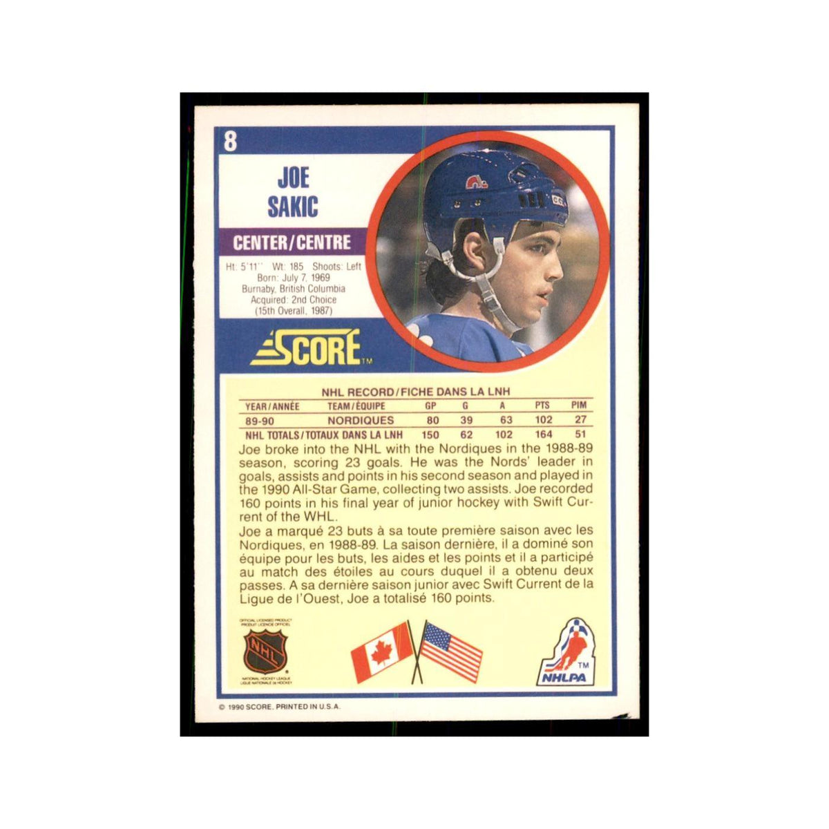 1990 Score Canadian Joe Sakic Hockey Cards #8