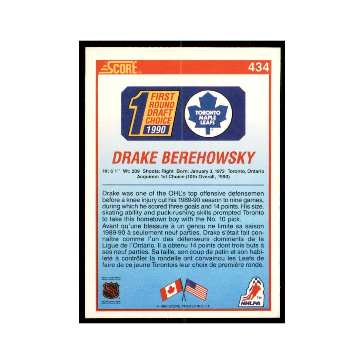 1990 Score Canadian Drake Berehowsky Hockey Cards #434