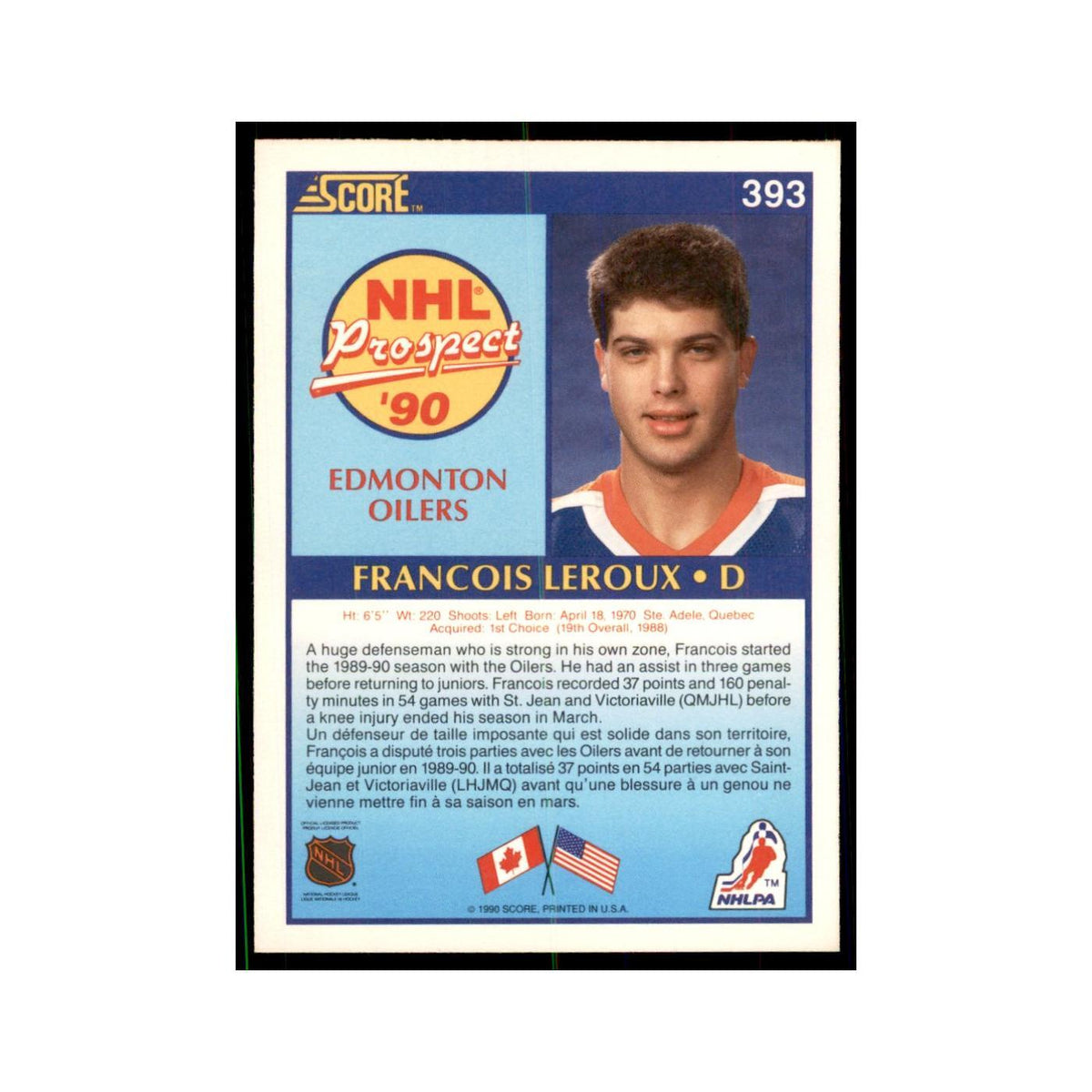 1990 Score Canadian Francois Leroux Hockey Cards #393
