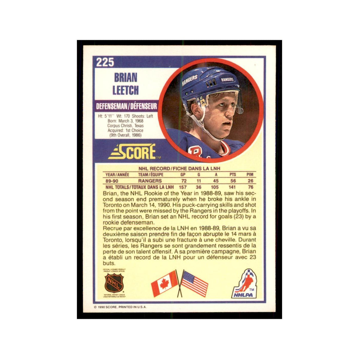 1990 Score Canadian Brian Leetch Hockey Cards #225