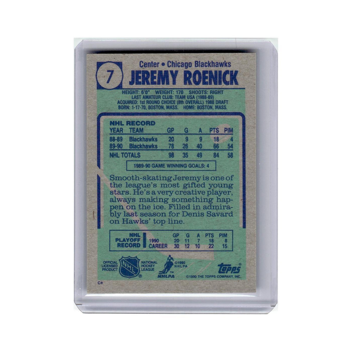 Jeremy Roenick 1990 Topps #7 Chicago Blackhawks Hockey Card NM