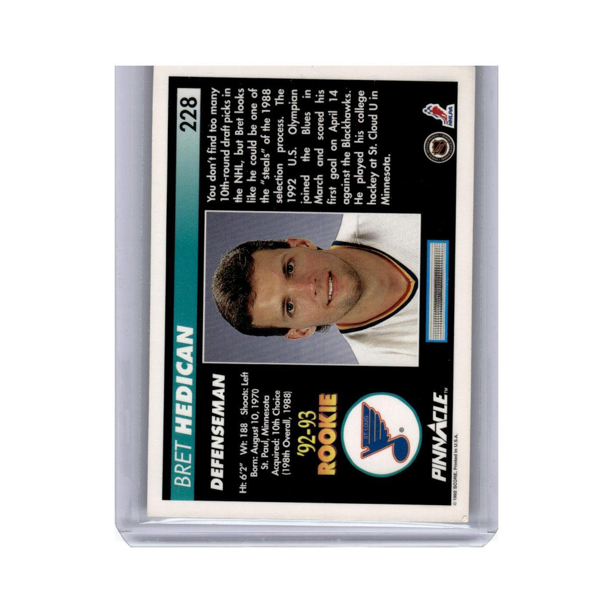 Bret Hedican 1992 Pinnacle #228 St. Louis Blues Hockey Card NM