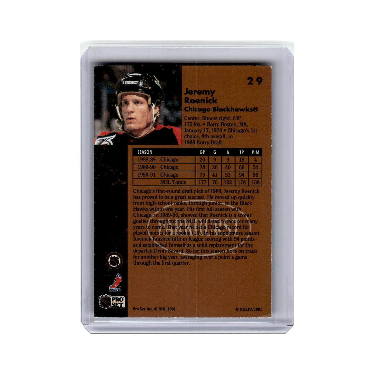Jeremy Roenick 1991 Parkhurst #29 Chicago Blackhawks Hockey Card NM